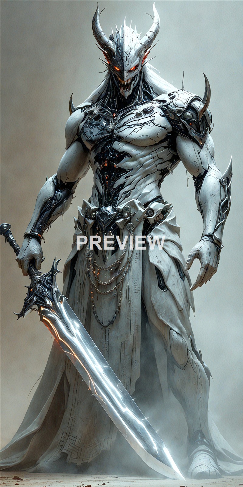 A towering, armored warrior with a demonic appearance, featuring glowing red eyes, large horns, and intricate, black and white armor, holding a massive, glowing sword.